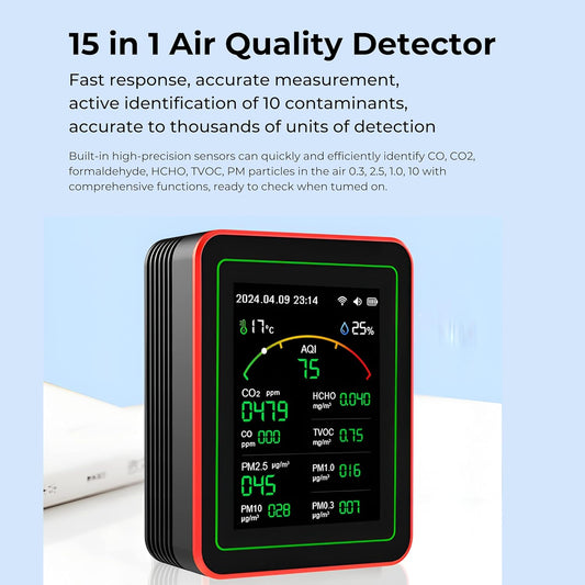 AQI Smart Air Quality Monitor 15-in-1 with Bluetooth | Indoor AQI Detector for CO2, CO, HCHO, TVOC, PM2.5, PM10, PM1.0, PM0.3 | Real-Time Pollution Monitor with Alarm