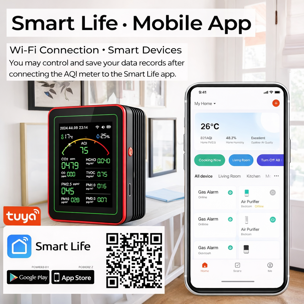 Air Quality Monitor, AQI Monitor, Smart Air Quality Monitor, Indoor Air Quality Monitor, Air Pollution Detector, CO2 Monitor, PM2.5 Monitor, Air Quality Meter