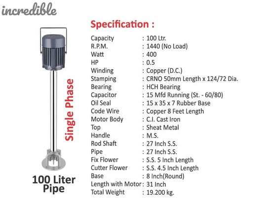 Incredible Stirrer Chemicals Churner Mixer Electric Madhani (100L Capacity) SS Pipe with Blade Global Retail