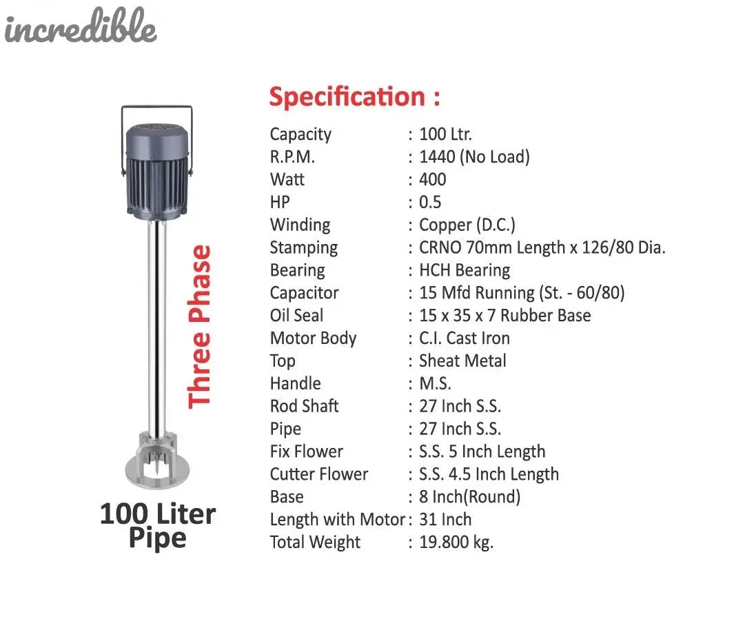 Incredible Stirrer Chemicals Churner Mixer Electric Madhani (100L Capacity) SS Pipe with Blade Global Retail
