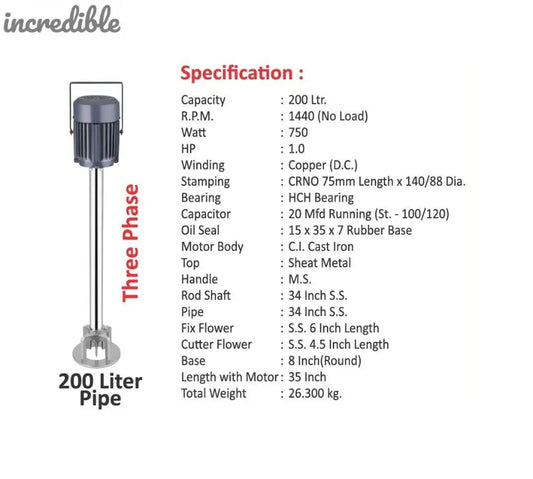 Incredible Stirrer Chemicals Churner Mixer Electric Madhani (200L Capacity) SS Pipe with Blade Global Retail