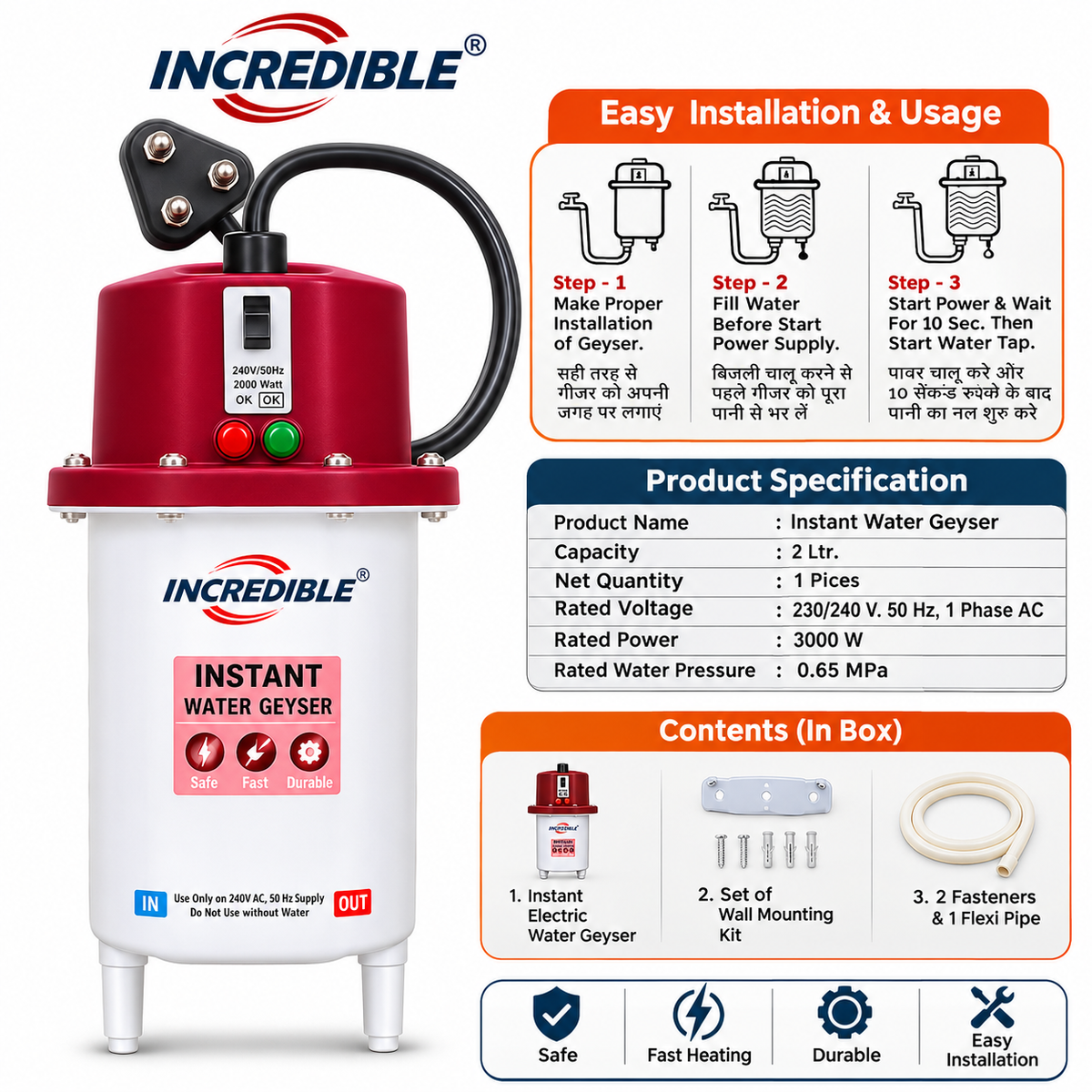 incredible Europa Instant Water Heater with Copper Heating Element, Electric Geyser with Power Indicator