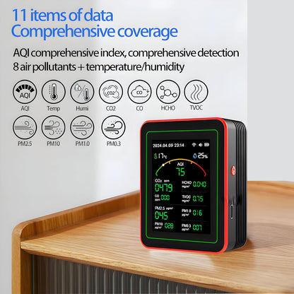 AQI Smart Air Quality Monitor 15-in-1 with Bluetooth | Indoor AQI Detector for CO2, CO, HCHO, TVOC, PM2.5, PM10, PM1.0, PM0.3 | Real-Time Pollution Monitor with Alarm
