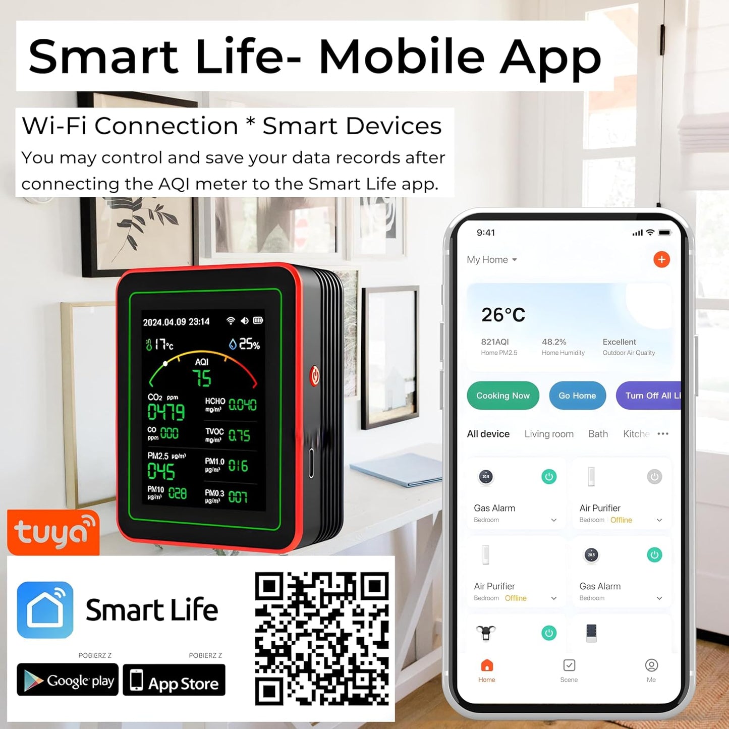 AQI Smart Air Quality Monitor 15-in-1 with Bluetooth | Indoor AQI Detector for CO2, CO, HCHO, TVOC, PM2.5, PM10, PM1.0, PM0.3 | Real-Time Pollution Monitor with Alarm