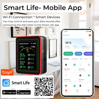 AQI Smart Air Quality Monitor 15-in-1 with Bluetooth | Indoor AQI Detector for CO2, CO, HCHO, TVOC, PM2.5, PM10, PM1.0, PM0.3 | Real-Time Pollution Monitor with Alarm