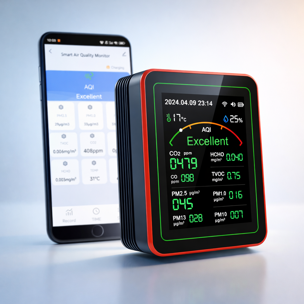 Air Quality Monitor, AQI Monitor, Smart Air Quality Monitor, Indoor Air Quality Monitor,  Air Pollution Detector, CO2 Monitor, PM2.5 Monitor, Air Quality Meter