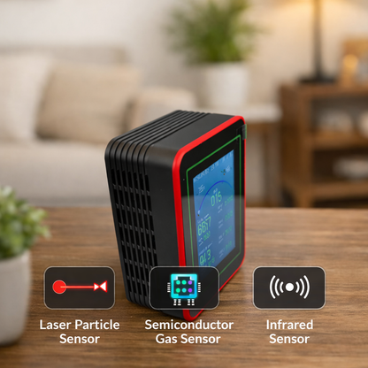 AQI Smart Laser Sensor Monitor 15-in-1 with WiFi Connectivity & 2000mAh Battery | Indoor AQI Detector with Alarm for CO2, PM2.5, TVOC | Air Quality Monitor