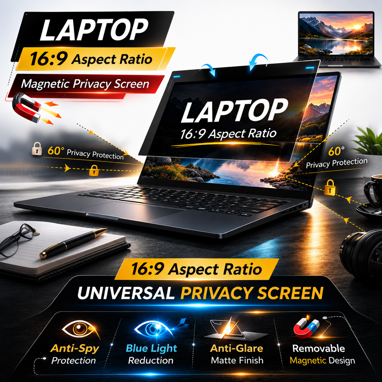 Laptop Magnetic Privacy Screen Filter 2-in-1 |Anti-Spy & Blue Light Protection (16:9)
