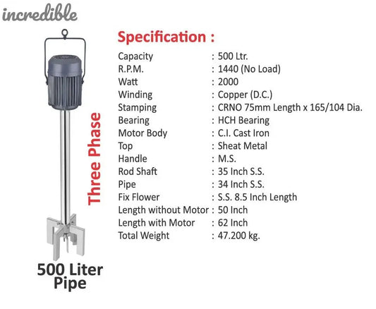 Incredible Stirrer Chemicals Churner Mixer Electric Madhani (500L Capacity) SS Pipe with Blade Global Retail